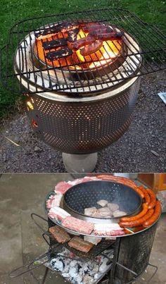 an outdoor grill with hot dogs and sausages cooking on it