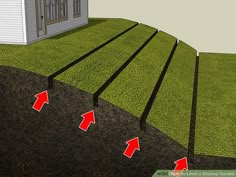 an image of a house with arrows pointing to the ground and grass in front of it