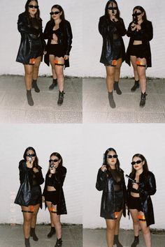 four different pictures of two women in black outfits and one is holding a cell phone