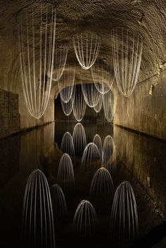 an underground tunnel filled with lots of white wire hanging from it's ceiling,