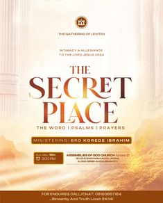 the secret place flyer with an image of a temple in the background and text that reads,