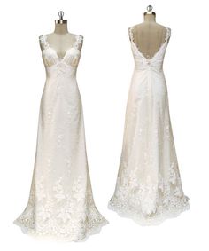 two dresses on mannequins, one in white and the other in ivory