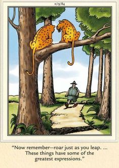 a cartoon depicting two cheetah sitting on top of a tree in the woods