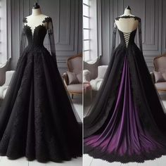 Gothic Black and Purple Wedding Dresses Long Sleeves Corset A Line Bridal Gowns | eBay Non Traditional Black Wedding Dress, Purple And Black Dress Gowns, Black And Wine Red Wedding, Dark Ballgown, Dark Fantasy Gown, Purple Wedding Dresses, Black And Purple Wedding, Goth Wedding Dresses, Black Wedding Dress Gothic