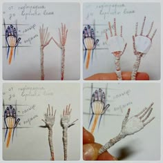 four pictures of hand made out of wire and paper with writing on the fingers, in different stages