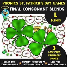 a st patrick's day game with four leaf clovers and the words final consonant blends