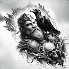 a black and white drawing of a man with a crow on his shoulder next to a skull