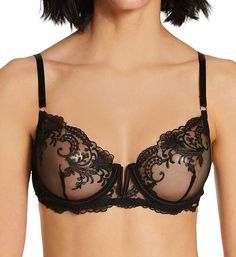 Seductive embroidered bra with gorgeous details and a see-through look. Made of polyester, polyamide, and elastane. See-through mesh underwire cup is unlined (unpadded), with a tall dart and detailed embroidery. Scalloped, non-stretch edge at neckline. Sewn-on elastic underband holds base of front close to you. Center - wide, arched center panel with V-wire at top. Soft fine mesh sides have upper and lower soft elastic. Wide-set, restricted stretch elastic straps have soft undersides and adjust Seductive Style, Gamine Style, Mesh Bra, Cute Lingerie, Bra Style, Pretty Lingerie, Black Bra, Bra Styles, Underwire Bra