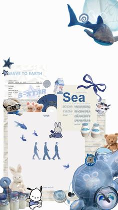 an assortment of items are arranged in the shape of a collage with blue and white images