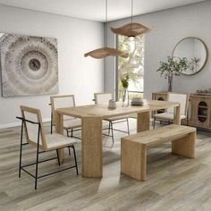 a dining room table with four chairs and a bench