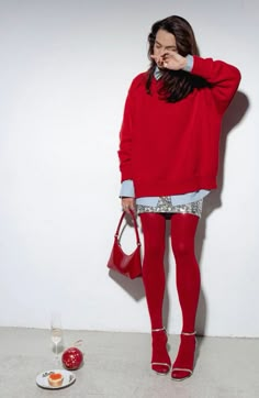 Winter Sandals Outfit, Red Knee High Socks Outfit, Monochromatic Red Outfit, Red Dress With Red Tights, Fall Winter Fashion 2024, Skirtall Outfit, Retro Holiday Outfit, Navy Monochrome Outfit, Bright Winter Fashion