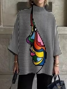 Loose Three-Quarter Sleeves Figure Printed Split-Joint Striped Stand Collar T-Shirts BLACK-M High Waist Long Skirt, Three Quarter Sleeve Tops, Stripe Outfits, Collar Tshirt, Straight Trousers, Three Quarter Sleeves, Quarter Sleeve, Cotton Style, Ladies Tops Fashion