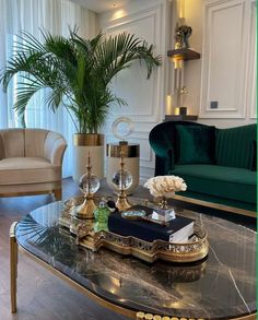 a living room filled with furniture and a large plant on top of a coffee table