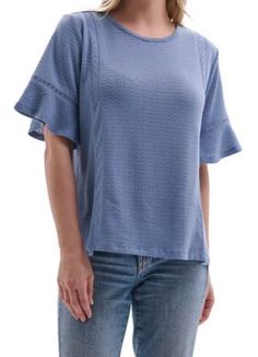 Como Vintage Women's Short Sleeve Flutter Knit Popover with Crochet Detailing Looking for a summer refresh? Como Vintage is featuring a new knit fabrication for the summer season! We call it our new summer crochet knit. Our short sleeve popover features a subtle flutter sleeve with crochet detailing around the arm and down the front. This fabric is soft, flowy and breathable with a crochet like knit. It comes in blue and mauve. Short Sleeve flutter with crochet Crochet details down the front Cre Casual Textured Knit Top For Spring, Spring Beach Tops With Textured Knit, Spring Knit Top With Crochet Trim Crew Neck, Spring Crochet Trim Crew Neck Knit Top, Spring Crochet Trim Knit Top With Crew Neck, Spring Textured Knit Beach Tops, Spring Beach Tops In Textured Knit, Textured Tops For Spring Beach Outings, Textured Tops For The Beach In Spring