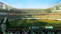 an artist's rendering of a soccer stadium filled with fans and players watching the game