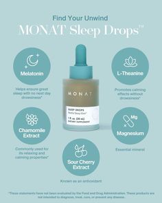 a bottle of monat sleep drops on a blue background with information about the ingredients