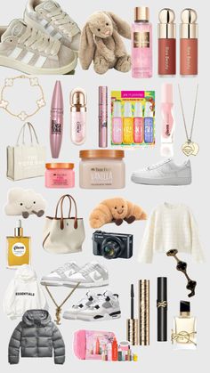 the contents of a woman's purse are arranged on a white background, including shoes and other items