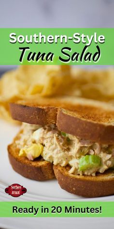 the cover of southern - style tuna salad is shown on a plate with potato chips