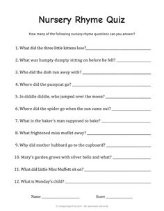 a printable worksheet for nursery rhyme quiz with answers and questions