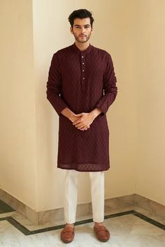 Shop for Contrast By Parth Maroon Chikankari Embroidered Kurta Set for Men Online at Aza Fashions Red Kurta Set, Boys Kurta Design, Wedding Kurta For Men, Kurta Pajama Men, Wedding Dresses Men Indian, Gents Kurta Design, Red Kurta, Gents Kurta