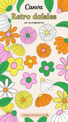 an image of flowers with the words canva retro daisies written in spanish and english