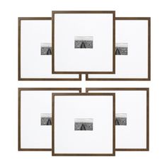 four brown and white frames with pictures on them