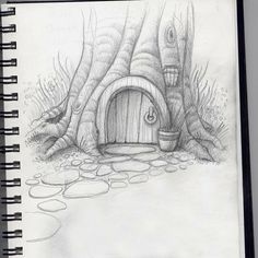 a drawing of a tree house with a door in the ground next to some trees