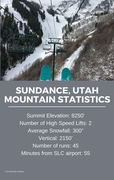 an advertisement for the sundae, utah mountain statistics program on skis and snowboards