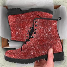 Red Sparkle Glitter Vegan Leather Boots, Combat boots Birthday Gifts for Her Ankle Boots  Cute Shoes      The design of these boots is meant to look like glitter, however there is no actual glitter on this product. * All of our Men's and Women's Faux Leather Boots are custom-made-to-order and handcrafted to the highest quality standards.  * Our unique designs are second to none. When is the last time you walked into a shoe store and found affordable boots in so many different, phenomenal designs Combat Shoes, Bohemian Boots, Orange Boots, Hippie Boots, Character Clothing, Vegan Leather Boots, Boots Combat, Custom Boots, Vegan Boots