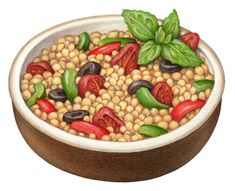 a painting of a bowl filled with beans, tomatoes and basil leaves on top of it