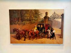 a painting of people standing next to horses pulling a carriage