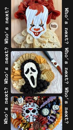 three different pictures with some food in the shape of clowns and other things on them