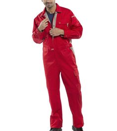 Red Click Premium Coverall Padded Pouch, Waterproof Bibs, Combat Trousers, Colour Contrast, Polycotton Fabric, Leg Bands, Safety Boots