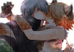 two anime characters hugging each other with their arms around one another while the background is blurry