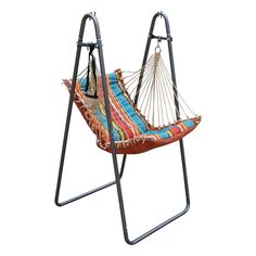 a colorful hammock hanging from a stand on a white background in the shape of a chair