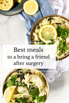 two bowls filled with lemon chicken orzo soup