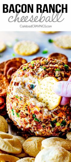 bacon ranch cheeseball with crackers in the background and text overlay that says bacon ranch cheeseball