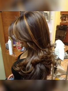 Gold Streaks In Brown Hair, Different Brown Hair Colors Ideas, Chunky Highlights With Curtain Bangs, Dark Brown Hair With Amber Highlights, Brown Hair With Highlights With Layers, Carmel Highlights On Brown Hair Chunky, Dyed Hair Black, Dyed Hair Brunette, Brown Streaks In Black Hair