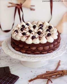 a chocolate cake topped with white frosting and chocolate chips on top of a plate