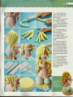 the instructions for how to make a doll with yellow hair and braids are shown