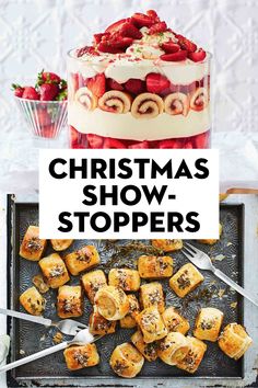 christmas show stoppers with strawberries in the middle and on top, next to a cake