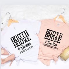 two shirts that say butts, booze and potatoes on them