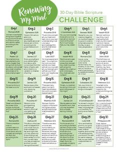 the 30 day bible schedule for kids with green and white lettering, including dates to each month