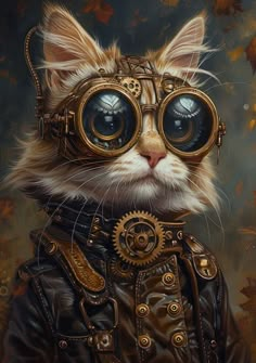 a painting of a cat wearing steampunks and goggles with leaves in the background