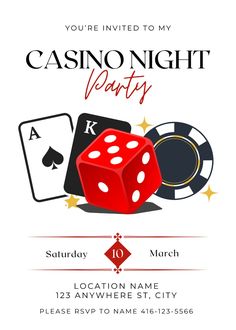 a casino party flyer with two dices and playing cards on the front, in white background