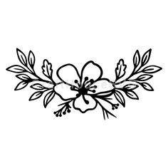 a black and white drawing of a flower with leaves on the side, in an outline style