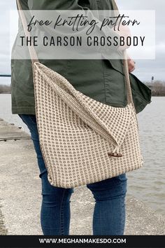 a woman carrying a crocheted purse with the text free knitting pattern, the carson cross body