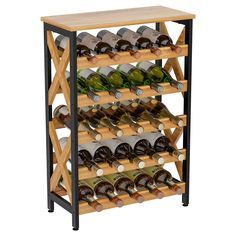 a wooden wine rack filled with lots of bottles