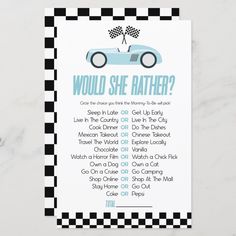 a blue race car is shown on the front of this baby shower card with black and white checkered border