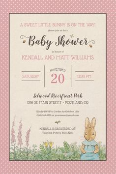 a baby shower is shown with pink polka dots and an image of a bunny in the grass